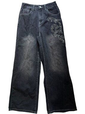 Romwe Women's Wide Leg Denim Jeans Stretch Sz 4 Black White Embroidery Dark Wash